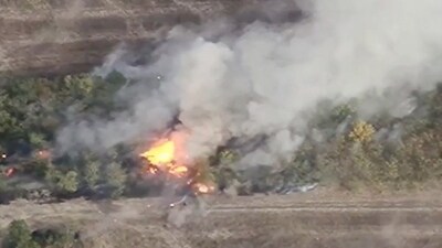 Russia-Ukraine War: A still picture from a drone footage shows military hardware on fire near Svitle in Zaporizhzhia region, Ukraine. (Reuters)