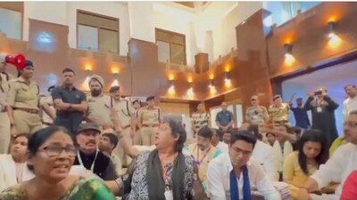 TMC general secretary Abhishek Banerjee and other MPs at the Krishi Bhawan before they were detained by the Delhi Police. (AITC/X) TMC general secretary Abhishek Banerjee and other MPs at the Krishi Bhawan before they were detained by the Delhi Police. (AITC/X)