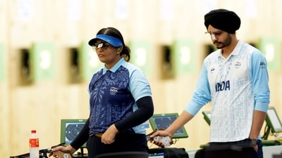 Indian shooters Divya TS and Sarabjot Singh during the 10m air pistol mixed team event final against China (PTI) Indian shooters Divya TS and Sarabjot Singh during the 10m air pistol mixed team event final against China (PTI)
