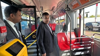 Nitin Gadkari takes test drive on hydrogen bus in Prague Nitin Gadkari takes test drive on hydrogen bus in Prague