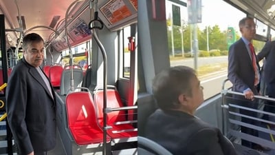 Nitin Gadkari taking a test drive on a hydrogen bus. (X/@OfficeOfNG) Nitin Gadkari taking a test drive on a hydrogen bus. (X/@OfficeOfNG)