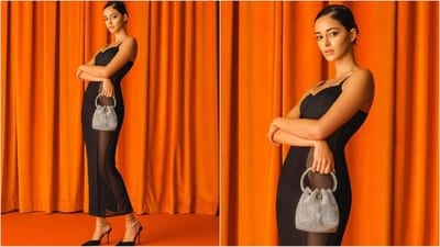 For another one of her glamorous looks, Ananya got decked up in a black bodycon maxi dress featuring noodle strap sleeves, a sweetheart neckline, and a sheer detailing on the side. With a silver potli bag and a pair of black Jimmy Choo heels, Ananya oozes oomph. (Instagram/@priyankarkapadia)