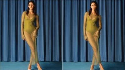 Ananya's breathtaking look in a mustard sheer maxi gown is sure to leave you in awe. She wore a matching bodysuit on the inside, which perfectly complemented her full-sleeved sheer dress. With minimal make-up and her hair left open in the middle partition, Ananya finished off her glam look. (Instagram/@priyankarkapadia)