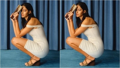 Looking for a party dress? Ananya Pandey is here to show you how to slay white like a pro. Her white mini dress features a body-con fit and an off-the-shoulder design. Showing off her strong styling skills, she accessorised her chic look with a gold clutch bag and a pair of stylish brown wedge heels. (Instagram/@priyankarkapadia)