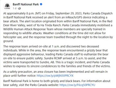 Banff National Park's Facebook Post highlighted the tragic incident (Facebook / Banff National Park)