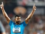 India's Kishore Jena reacts during the men's javelin throw final at Worlds