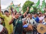 JD (U) workers and supporters celebrate after the declaration of Bihar's caste-based survey report in Patna on Wednesday (PTI)