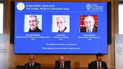 A screen shows this year's laureates US Chemist Moungi Bawendi, US Chemist Louis Brus and Russian physicist Alexei Ekimov during the announcement of the winners of the 2023 Nobel Prize in chemistry in Stockholm on Wednesday. (AFP) A screen shows this year's laureates US Chemist Moungi Bawendi, US Chemist Louis Brus and Russian physicist Alexei Ekimov during the announcement of the winners of the 2023 Nobel Prize in chemistry in Stockholm on Wednesday. (AFP)