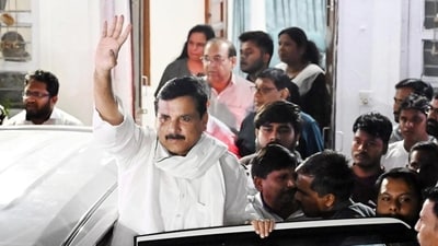 AAP Rajya Sabha MP Sanjay Singh is taken away by the Enforcement Directorate at his North Avenue residence in New Delhi on Wednesday. (Vipin Kumar/HT Photo) AAP Rajya Sabha MP Sanjay Singh is taken away by the Enforcement Directorate at his North Avenue residence in New Delhi on Wednesday. (Vipin Kumar/HT Photo)