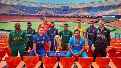 The captain of respective teams pose with the World Cup trophy at the Narendra Modi Stadium in Ahmedabad. (AFP) The captain of respective teams pose with the World Cup trophy at the Narendra Modi Stadium in Ahmedabad. (AFP)