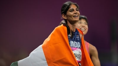 Parul Chaudhary celebrates after winning the women's 5000-meter final at the 19th Asian Games in Hangzhou, China (AP) Parul Chaudhary celebrates after winning the women's 5000-meter final at the 19th Asian Games in Hangzhou, China (AP)