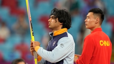 India's Neeraj Chopra prepares to compete during the men's javelin throw final at the 19th Asian Games in Hangzhou (AP)