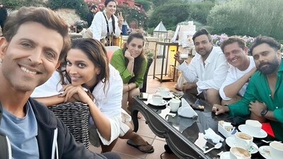 Hrithik Roshan, Deepika Padukone and team Fighter during a shoot-break in Italy. Hrithik Roshan, Deepika Padukone and team Fighter during a shoot-break in Italy.