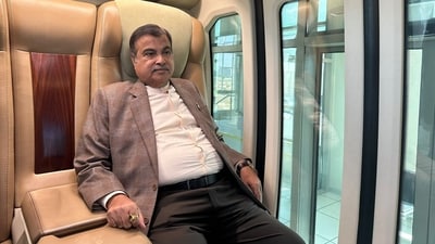Union Minister Nitin Gadkari takes a test ride of Sky Bus. (X/Nitin Gadkari) Union Minister Nitin Gadkari takes a test ride of Sky Bus. (X/Nitin Gadkari)