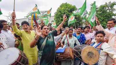 JD (U) workers and supporters celebrate after the declaration of Bihar's caste-based survey report in Patna on Wednesday (PTI) JD (U) workers and supporters celebrate after the declaration of Bihar's caste-based survey report in Patna on Wednesday (PTI)