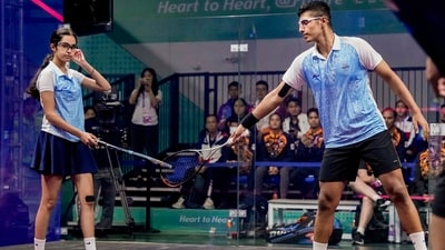Anahat Singh and Abhay Singh during the semifinal match of the Mixed Doubles squash event against Malaysia's Aifa Binti Azman and Mohammad Syafiq Bin Mohd Kamal at the 19th Asian Games (PTI)