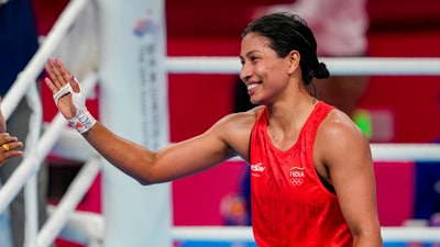 India's Lovlina Borgohain during the final match of women's 66kg-75kg category boxing event against China's Li Qian at the 19th Asian Games, in Hangzhou. (PTI) India's Lovlina Borgohain during the final match of women's 66kg-75kg category boxing event against China's Li Qian at the 19th Asian Games, in Hangzhou. (PTI)