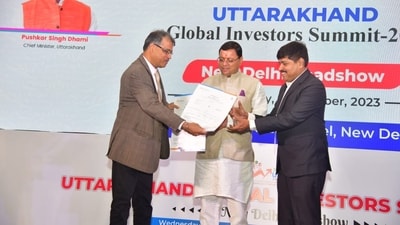Uttarakhand chief minister Pushkar Singh Dhami at an event during the roadshow of Global Investors Summit in New Delhi on Wednesday. Uttarakhand chief minister Pushkar Singh Dhami at an event during the roadshow of Global Investors Summit in New Delhi on Wednesday.