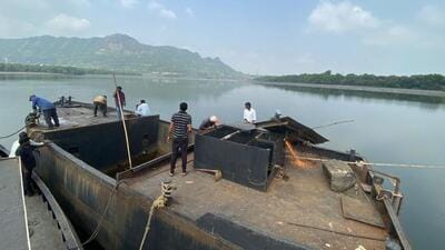 Rutuja story Thane, India - October,04, 2023: A barge, used in sand dredging, was destroyed on Wednesday with a gas cutter following a search operation ,in Thane, in Mumbai, India, on, Wednesday, October , 04, 2023. ( Praful Gangurde / HT Photo )