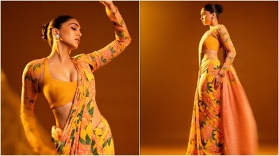 Earlier, Sharvari had delighted her followers with an ethnic look and captioned the post, "Phool-y in love with this outfit [orange heart and sparkle emoji]." She wore a statement floral printed saree and a stylish blouse from the House of Masaba for the photoshoot. She wore the saree by neatly pleating the front and the pallu.&nbsp; (Instagram)