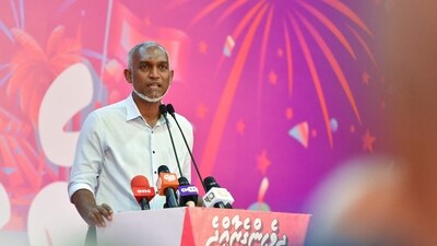 Maldives' President-elect of the Maldives' Mohamed Muizzu of the People's National Congress (PNC) party delivers a speech during a gathering with supporters following the country's presidential election, in Male on October 2, 2023. (AFP) Maldives' President-elect of the Maldives' Mohamed Muizzu of the People's National Congress (PNC) party delivers a speech during a gathering with supporters following the country's presidential election, in Male on October 2, 2023. (AFP)