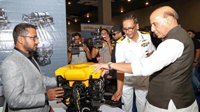 Union defence minister Rajnath Singh after releasing the 5th positive indigenisation list, during the plenary session of the Indian Navy NIIO seminar on 'Swavlamban 2.0', in New Delhi on Wednesday (ANI) Union defence minister Rajnath Singh after releasing the 5th positive indigenisation list, during the plenary session of the Indian Navy NIIO seminar on 'Swavlamban 2.0', in New Delhi on Wednesday (ANI)