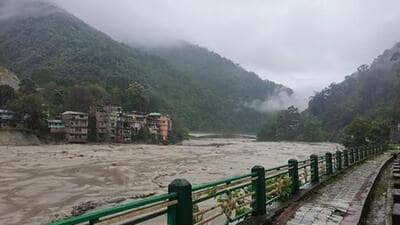 Water levels of the Teesta river in Sikkim suddenly rose on Wednesday after a glacial lake outburst. (AP) Water levels of the Teesta river in Sikkim suddenly rose on Wednesday after a glacial lake outburst. (AP)