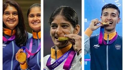 (L to R) Indian shooters Esha Singh and Palak Gulia, athlete Parul Chaudhary, squash player Abhay Singh (L to R) Indian shooters Esha Singh and Palak Gulia, athlete Parul Chaudhary, squash player Abhay Singh
