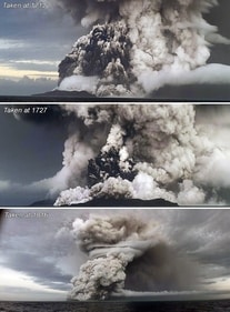 Successive photos of the explosion at Hunga Tonga-Hunga Ha’apai taken at 5.12pm (top), 5.27pm (middle), and 6.16pm (bottom) on 14 January 2022. (Tonga Geological Services) Successive photos of the explosion at Hunga Tonga-Hunga Ha’apai taken at 5.12pm (top), 5.27pm (middle), and 6.16pm (bottom) on 14 January 2022. (Tonga Geological Services)