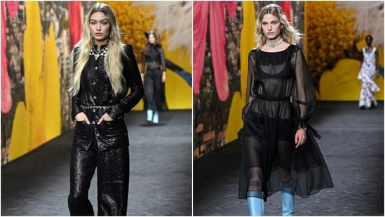 Gigi Hadid and another model present Virginie Viard's Chanel spring collection during Paris Fashion Week. (AFP )