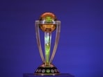 The 2023 ICC men's cricket World Cup trophy is kept on display during the 'Captains Day event'.