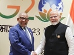 Indian Prime Minister Narendra Modi with President of the Union of the Comoros and chairperson of the African Union (AU) Azali Assoumani during a bilateral meeting on the sidelines of the G20 Summit 2023, in New Delhi, India (HT Photo)