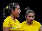 Sutirtha Mukherjee (R) and Ayhika Mukherjee during women's doubles semifinal match of table tennis against Korean pair of Suyong Cha and Sugyong Pak at the 19th Asian Games Sutirtha Mukherjee (R) and Ayhika Mukherjee during women's doubles semifinal match of table tennis against Korean pair of Suyong Cha and Sugyong Pak at the 19th Asian Games