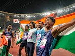 Hangzhou: Gold and silver medalists Indian javelin throwers Neeraj Chopra and Kishore Kumar Jena celebrate with the gold medalist Indian Men�s Relay team's Muhammed Anas Yahiya, Muhammed Ajmal Variyathodi and Rajesh Ramesh at the 19th Asian Games Hangzhou: Gold and silver medalists Indian javelin throwers Neeraj Chopra and Kishore Kumar Jena celebrate with the gold medalist Indian Men�s Relay team's Muhammed Anas Yahiya, Muhammed Ajmal Variyathodi and Rajesh Ramesh at the 19th Asian Games