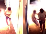 The image shows two men escaping a room after an e-scooter burst inside the place. The image shows two men escaping a room after an e-scooter burst inside the place.