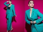 Sonam Kapoor, the ultimate fashionista of B-town is back after showing off her fashion prowess at Paris Fashion Week. Sonam is an absolute stunner who can pull off any look to perfection. Whether it's a red carpet-worthy gown or a chic pantsuit, the actress knows how to turn heads. Her Instagram feeds are filled with stylish looks, providing her followers with a treasure trove of fashion inspiration. And her latest look in a cyan ensemble is no exception and is sure to steal your hearts.