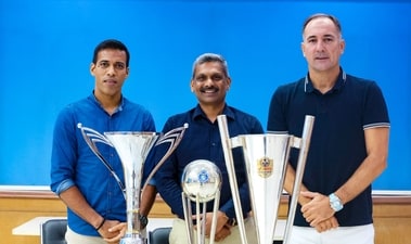 India assistant coach Mahesh Gawali, AIFF secretary-general Shaji Prabhakaran and head coach Igor Stimac at Football House in New Delhi on Thursday. (AIFF) India assistant coach Mahesh Gawali, AIFF secretary-general Shaji Prabhakaran and head coach Igor Stimac at Football House in New Delhi on Thursday. (AIFF)