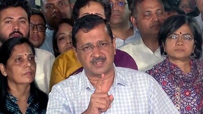 New Delhi, Oct 04 (ANI): Delhi CM and AAP national convenor Arvind Kejriwal addresses the media after meeting family members of AAP MP Sanjay Singh, in New Delhi on Wednesday. Sanjay Singh has been arrested by ED in connection with the Delhi liquor scam case. (ANI Photo) (ANI)