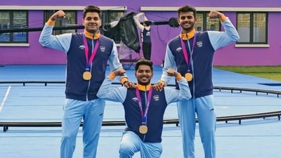 India's Ojas, Abhishek and Prathamesh clinched the gold medal in the Archery Men's Compound team event at the ongoing Asian Games, in Hangzhou on Thursday. (ANI Photo) India's Ojas, Abhishek and Prathamesh clinched the gold medal in the Archery Men's Compound team event at the ongoing Asian Games, in Hangzhou on Thursday. (ANI Photo)