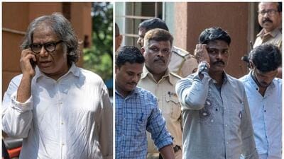 Artist Chintan Upadhyay walks out of Dindoshi court after being convicted on Thursday. Three of his accomplices, left to right, Shivkumar Rajbhar, Pradip Rajbhar and Vijay Rajbhar were also found guilty of the crime. (Satish Bate) Artist Chintan Upadhyay walks out of Dindoshi court after being convicted on Thursday. Three of his accomplices, left to right, Shivkumar Rajbhar, Pradip Rajbhar and Vijay Rajbhar were also found guilty of the crime. (Satish Bate)