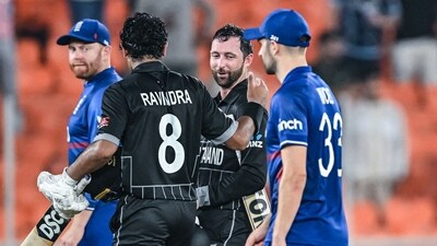 New Zealand's Rachin Ravindra (2L) and Devon Conway (2R) celebrate after winning the 2023 ICC men's cricket World Cup one-day international (ODI) match (AFP) New Zealand's Rachin Ravindra (2L) and Devon Conway (2R) celebrate after winning the 2023 ICC men's cricket World Cup one-day international (ODI) match (AFP)