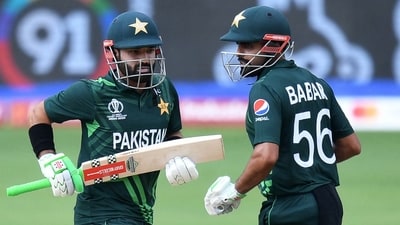 Pakistan's Mohammad Rizwan (L) and captain Babar Azam (R) run between the wickets during a warm-up match (AFP) Pakistan's Mohammad Rizwan (L) and captain Babar Azam (R) run between the wickets during a warm-up match (AFP)