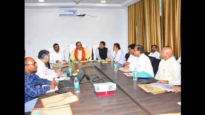 Deputy chief minister Brajesh Pathak presiding over a divisional review meeting for Aligarh division in Etah on Thursday. (HT) Deputy chief minister Brajesh Pathak presiding over a divisional review meeting for Aligarh division in Etah on Thursday. (HT)
