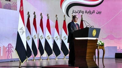 This handout picture released by the Egyptian Presidency on October 2, 2023 shows Egypt's President Abdel Fattah al-Sisi giving a speech during a conference in Cairo (AFP) This handout picture released by the Egyptian Presidency on October 2, 2023 shows Egypt's President Abdel Fattah al-Sisi giving a speech during a conference in Cairo (AFP)