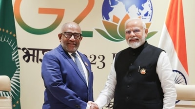 Indian Prime Minister Narendra Modi with President of the Union of the Comoros and chairperson of the African Union (AU) Azali Assoumani during a bilateral meeting on the sidelines of the G20 Summit 2023, in New Delhi, India (HT Photo)