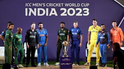 Ahmedabad: (L-R) Bangladesh's captain Shakib Al Hasan, Sri Lanka's Dasun Shanaka, South Africa's Tembba Bavuma, New Zealand's Kane Williamson, India's Rohit Sharma, Pakistan's Babar Azam, England's Jos Buttler, Australia's Pat Cummins, Afghanistan's Hashmatullah Shahidi, and Netherlands' Scott Edwards pose for photos with World Cup trophy during the Captains' Day event ahead of ICC Cricket World Cup 2023, in Ahmedabad, Wednesday. (PTI) Ahmedabad: (L-R) Bangladesh's captain Shakib Al Hasan, Sri Lanka's Dasun Shanaka, South Africa's Tembba Bavuma, New Zealand's Kane Williamson, India's Rohit Sharma, Pakistan's Babar Azam, England's Jos Buttler, Australia's Pat Cummins, Afghanistan's Hashmatullah Shahidi, and Netherlands' Scott Edwards pose for photos with World Cup trophy during the Captains' Day event ahead of ICC Cricket World Cup 2023, in Ahmedabad, Wednesday. (PTI)
