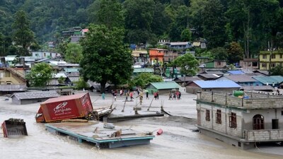The flood destroyed 11 bridges in the state, with eight bridges getting washed away in Mangan district alone. Two bridges were destroyed in Namchi and one in Gangtok. (PTI) The flood destroyed 11 bridges in the state, with eight bridges getting washed away in Mangan district alone. Two bridges were destroyed in Namchi and one in Gangtok. (PTI)
