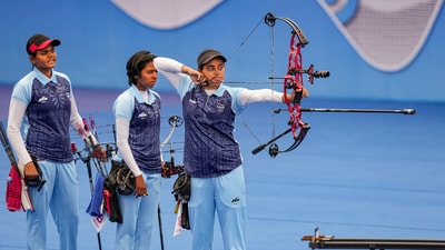 Hangzhou: India's Parneet Kaur, Aditi Gopichand Swami and Jyothi Surekha Vennam (PTI) Hangzhou: India's Parneet Kaur, Aditi Gopichand Swami and Jyothi Surekha Vennam (PTI)