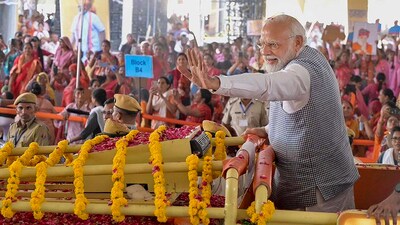 PM Modi laid the foundation stone of various projects, including a 350-bedded trauma centre and critical care hospital block at the All India Institute of Medical Sciences, Jodhpur, and seven critical care blocks under the Pradhan Mantri Ayushman Bharat Health Infrastructure Mission (PM-ABHIM) to be developed across the state. (PTI) PM Modi laid the foundation stone of various projects, including a 350-bedded trauma centre and critical care hospital block at the All India Institute of Medical Sciences, Jodhpur, and seven critical care blocks under the Pradhan Mantri Ayushman Bharat Health Infrastructure Mission (PM-ABHIM) to be developed across the state. (PTI)