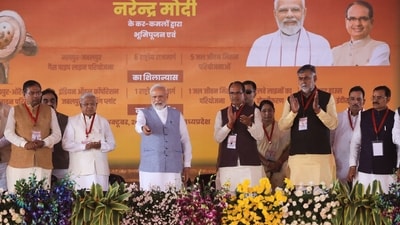 PM Modi also laid the foundation stone for the development of a state-of-the-art new terminal building at the Jodhpur airport costing <span class='webrupee'>₹</span>480 crore and inaugurated the IIT Jodhpur campus as well. (PTI) PM Modi also laid the foundation stone for the development of a state-of-the-art new terminal building at the Jodhpur airport costing <span class='webrupee'>₹</span>480 crore and inaugurated the IIT Jodhpur campus as well. (PTI)
